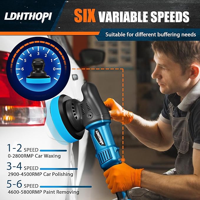 LDHTHOPI Dual Action Polisher, 980W 5/6 Inch, 2026 Upgraded 9MM Random Orbital Buffer Polisher for Car Detailing, 2800-5800RMP, 6 Variable Speed Buffer Polisher with 8 Detachable Pads