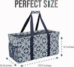 Extra Large Utility Tote Bag - Oversized Collapsible Reusable Wire Frame Rectangular Canvas Basket With Two Exterior Pockets For Beach, Pool, Laundry, Car Trunk, Storage - Blue Snowflake