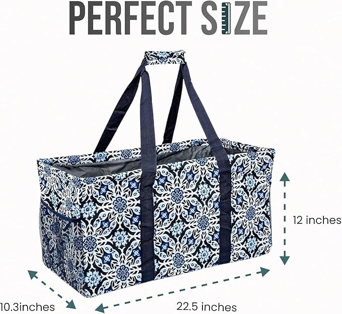 Extra Large Utility Tote Bag - Oversized Collapsible Reusable Wire Frame Rectangular Canvas Basket With Two Exterior Pockets For Beach, Pool, Laundry, Car Trunk, Storage - Blue Snowflake