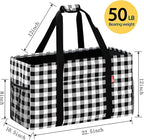 Extra Large Utility Tote Bag, Foldable Reusable Grocery Bags with Metal Wire Frame & Reinforced Bottom Board, Stand up Large Utility Tote for Groceries, Beach Bag, Laundry, Car (Cube Plaid)