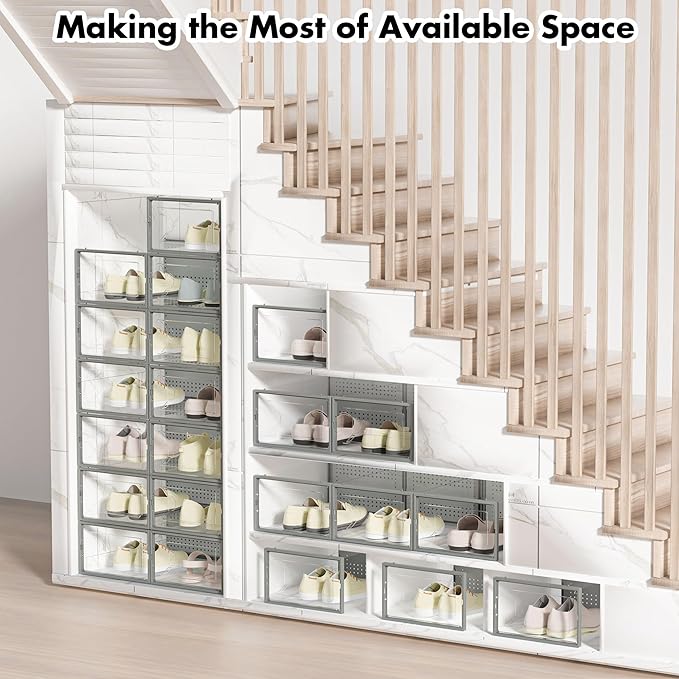 Foluck Shoe Storage Box, 15 Pack Clear Plastic Stackable Shoe Organizer for Closet, Interlocking Design Shoe Container Bins f