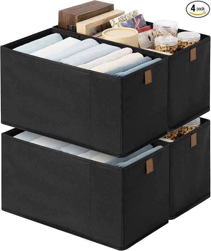 StorageWorks Fabric Storage Bins, Narrow Baskets for Storage, Small Baskets for Organizing with PU Handle, Suitable for Cloth