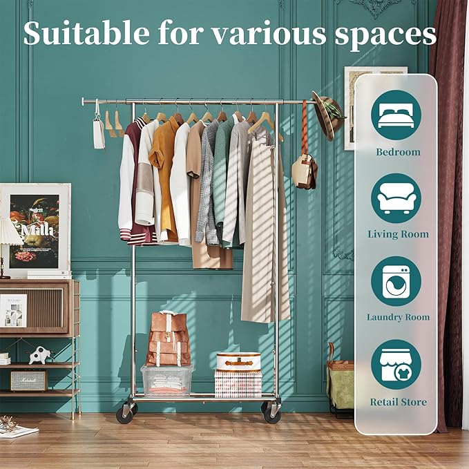 Simple Trending Standard Rod Clothing Garment Rack, Rolling Clothes Organizer on Wheels for Hanging Clothes, Chrome