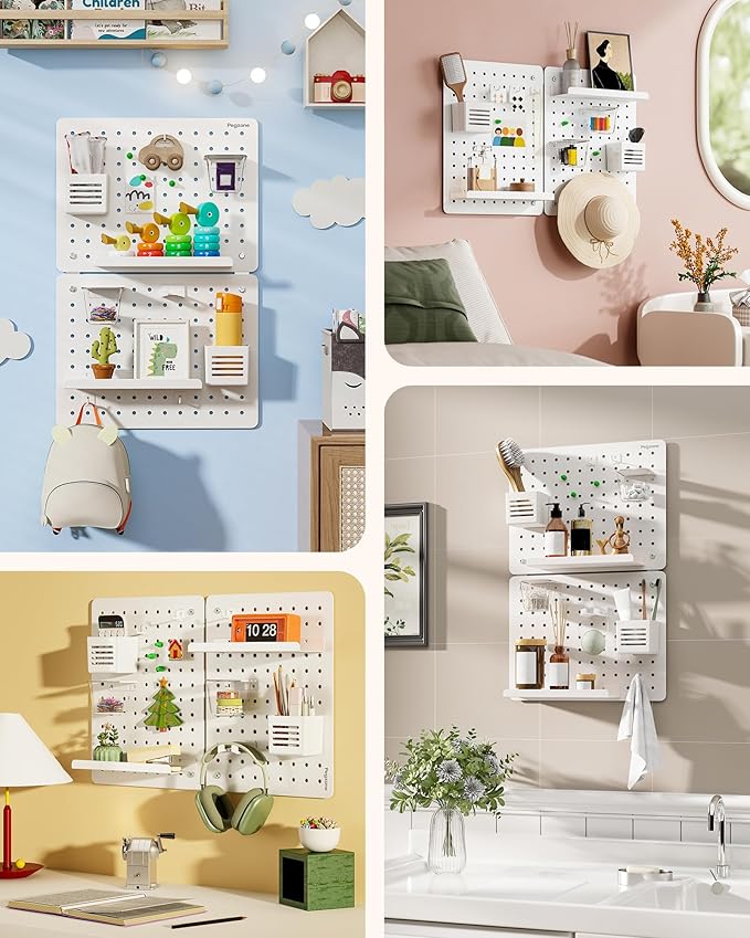 PEGZONE Pegboard Wall Organizer Combination Kit, Overall 25.4"x16.6" Metal Office Pegboard with 13 Accessories, Wall Mounted 