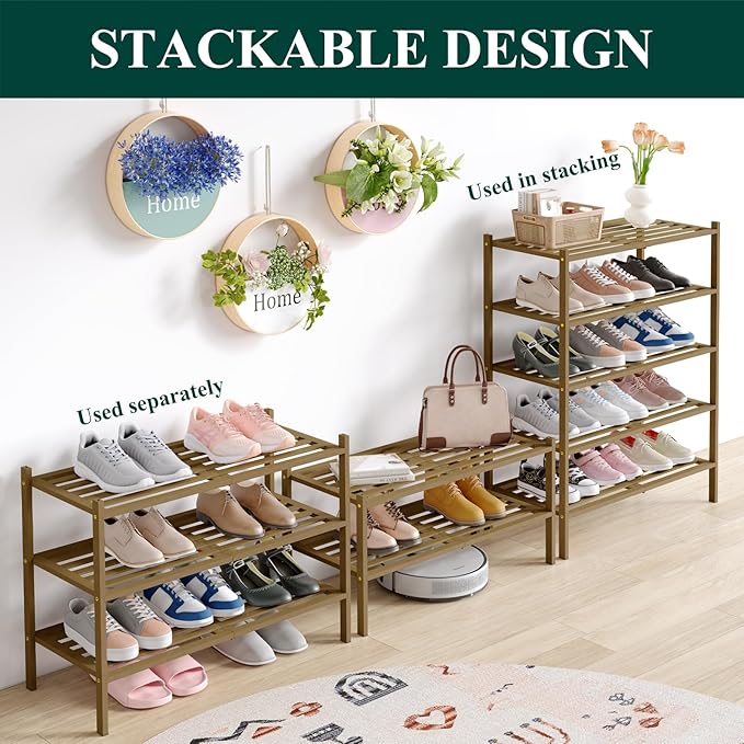 Smiry Bamboo Shoe Rack 6-Tier, Stackable Wooden Shoe Organizer for Entryway & Closet, Free Standing Wood Shoe Storage Shelf f