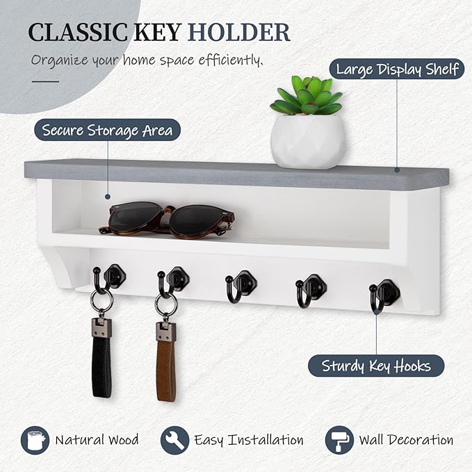 Nekon Key Holder Wall Mount, Wall Organizer Shelf with 5 Key Hooks, Room Decor for Home and Apartment Essentials, Gray and Wh