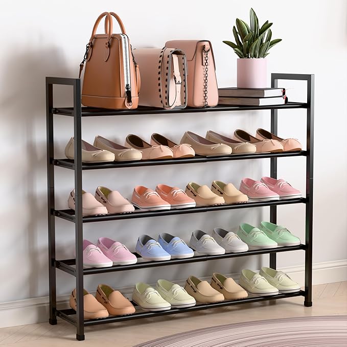 Bumusty 5-Tier Expandable Shoe Rack for Closet, 18“-33” Adjustable Shoe Rack for Small Space, Small Shoe Organizer for Front 