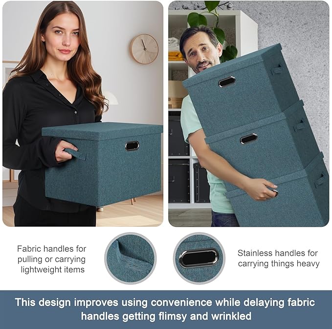 Graciadeco Large 17" 36 Quart Collapsible Stackable Storage Bins with Lids, 3 Packs Blue-Green Linen Fabric Closet Boxes with