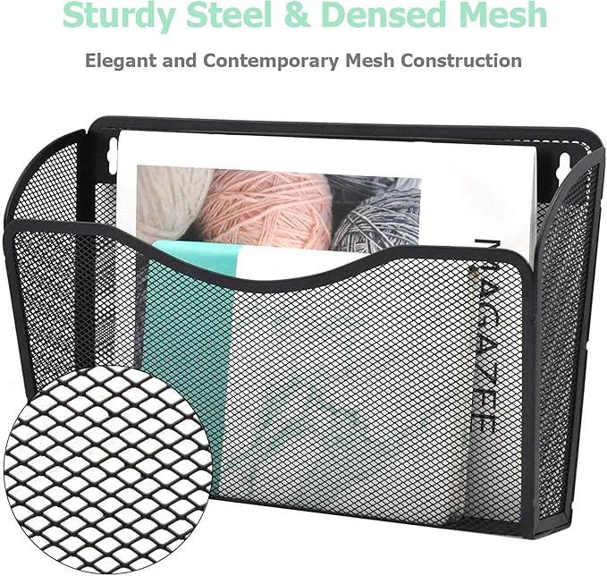 EASEPRES 6 Single Pocket Mesh Hanging File Organizer, Vertical Wall Mounted Magazine File Holder, Mount Basket Mail Paper Doc
