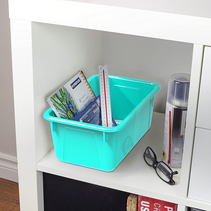 Storex Small Cubby Bins – Plastic Storage Containers for Classroom with Non-Snap Lid, 12.2 x 7.8 x 5.1 inches, Teal, (62412U0