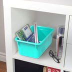 Storex Small Cubby Bins – Plastic Storage Containers for Classroom with Non-Snap Lid, 12.2 x 7.8 x 5.1 inches, Teal, (62412U0