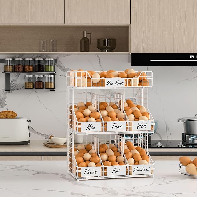 X-cosrack Egg Holder Countertop, 3 Tier Egg Rack with Labels Dividers to Separate Eggs, Stackable Wire Baskets for Fresh Egg,