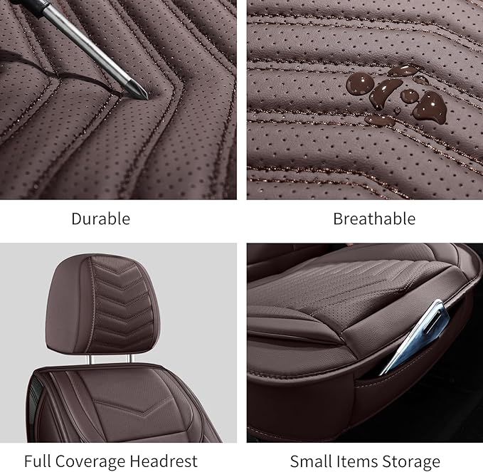 Nappa Leather Car Seat Covers Full Set, Brown Car seat Protector 5 Seats, Waterproof Car Seat Cushion, Universal Automotive S