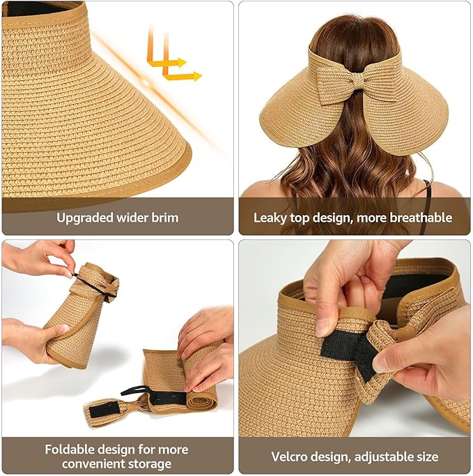 Sun Visor Hat for Women, Wide Brim Straw Summer UV Protection Hat, Foldable Roll-up Packable Beach Cap