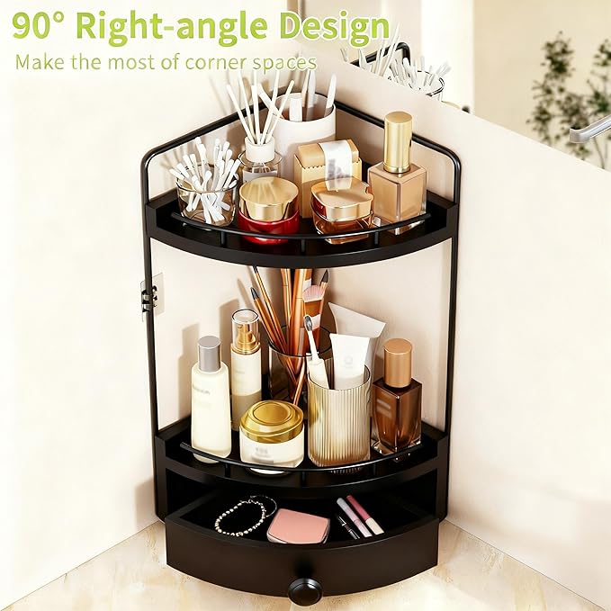2-Tier Corner Bathroom Counter Organizer with Drawer & Embedded Screw Holes - Wooden Countertop Organizers for Skincare, Make
