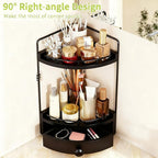 2-Tier Corner Bathroom Counter Organizer with Drawer & Embedded Screw Holes - Wooden Countertop Organizers for Skincare, Make