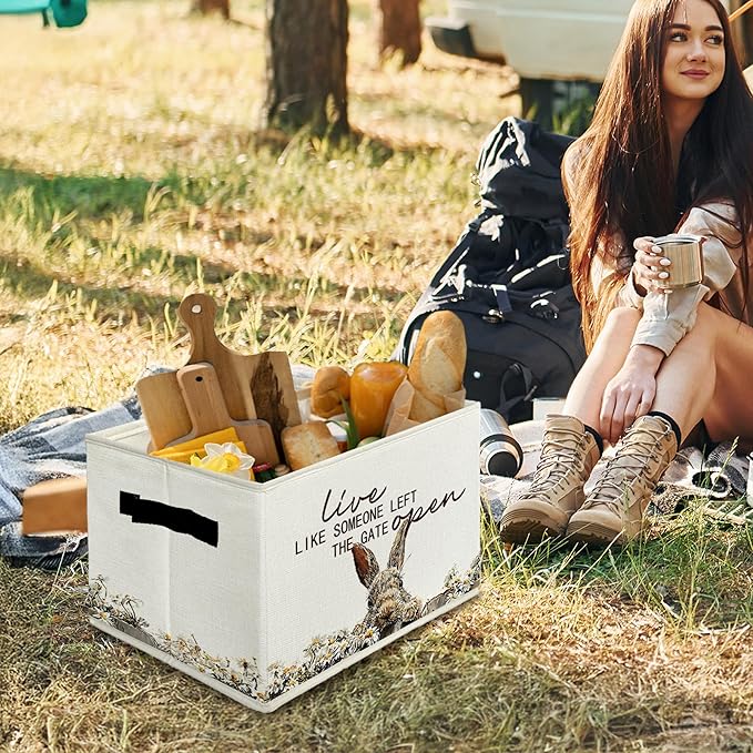 Rustic Bunny Storage Bins & Boxes with Handles, Farmhouse Rabbit Foldable Basket for Organizing, Live Like Someone Left the G