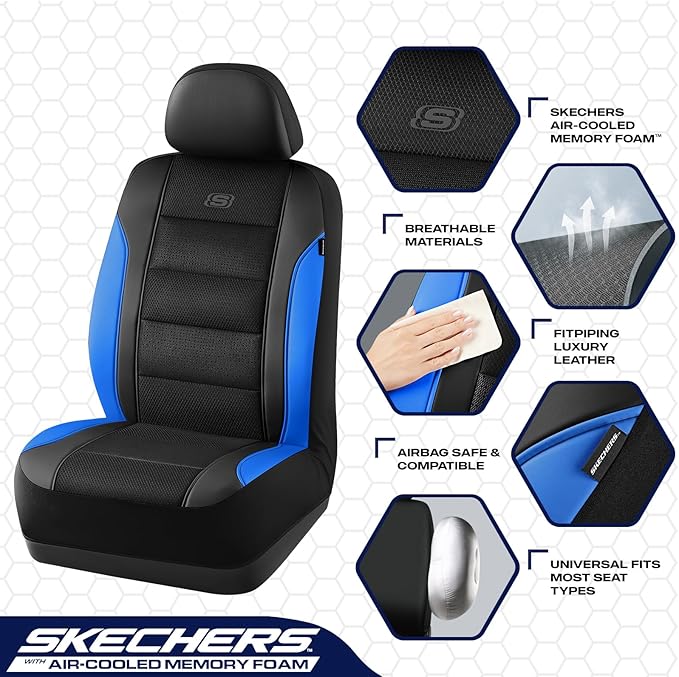 Skechers Aircooled & Memory Foam Seat Covers,Premium Leather with EVA Mesh Car Seat Covers,Seat Cover Full Sets,Airbag Compat
