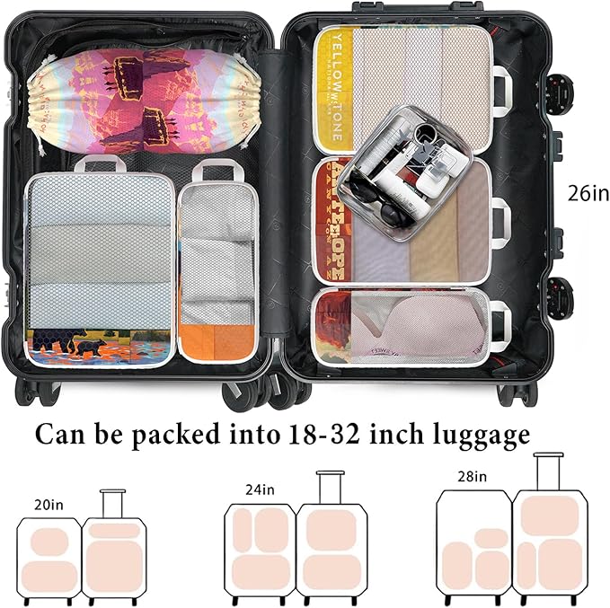 Compression Packing Cubes for Travel, 7 Set National Park Expandable Mesh Luggage Organizers, Waterproof Expandable/Compressi