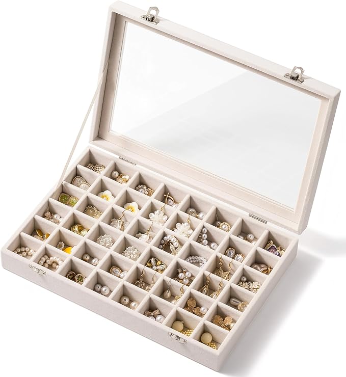 48 Grid Earring Organizer and Storage: Velvet Jewelry Tray with Lid, Jewelry Box for Studs, Earrings, Rings, Necklaces, Dress