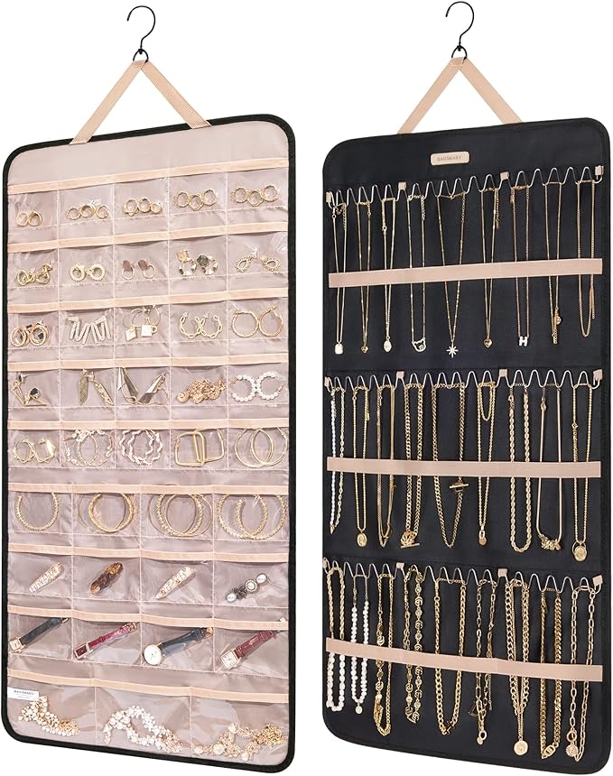 BAGSMART Hanging Jewelry Organizer Storage Roll with Hanger Metal Hooks Double-Sided Jewelry Holder for Earrings, Necklaces, 