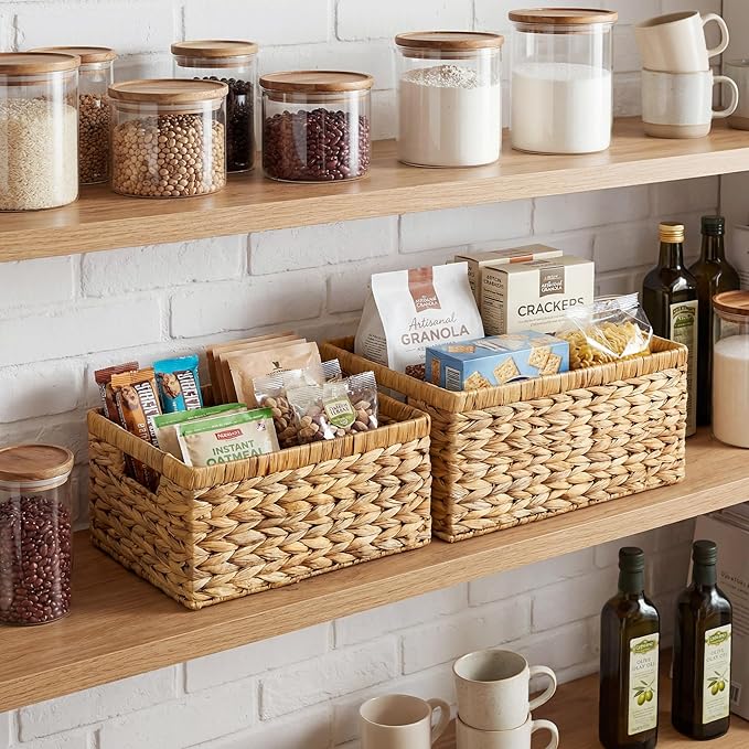 StorageWorks Wicker Storage Baskets, Handwoven Water Hyacinth Basket for Organizing, Decorative Organizers with Built-in Hand