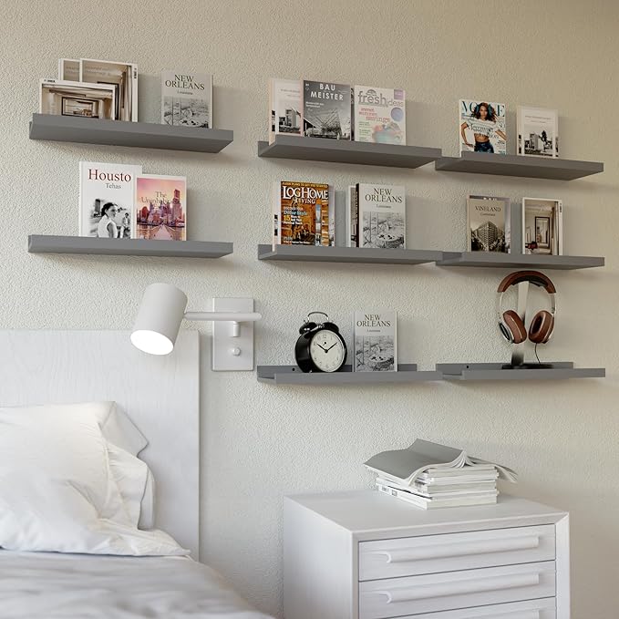 RICHER HOUSE 8 Set Floating Wall Mounted Shelves, Nursery Hanging Book Shelves with Lip for Storage, Gray Display Picture Led