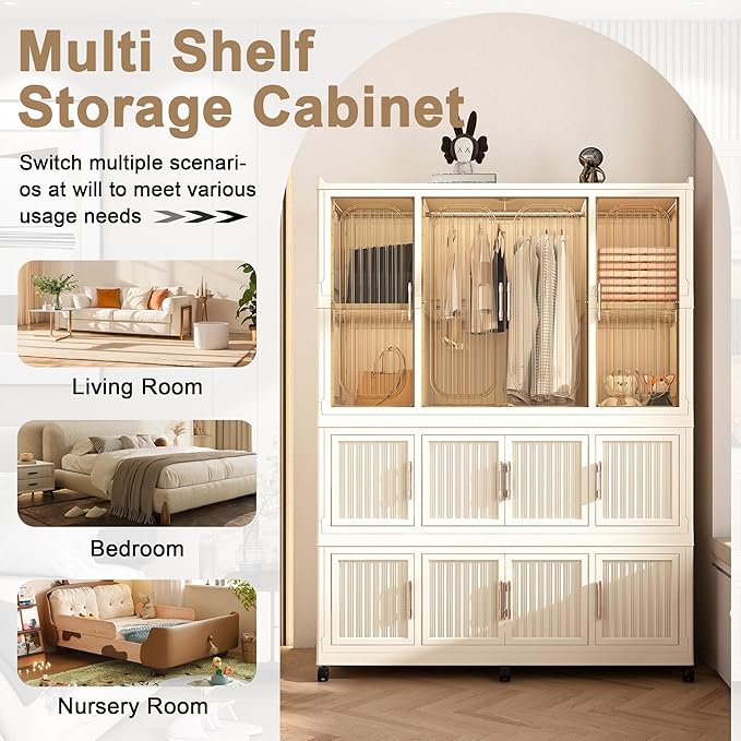 Portable Closet Storage with Magnetic Doors and Wheels, Foldable Armoire Wardrobe Closet with 1 Hanging Rod, 12 Cubes and 6 H
