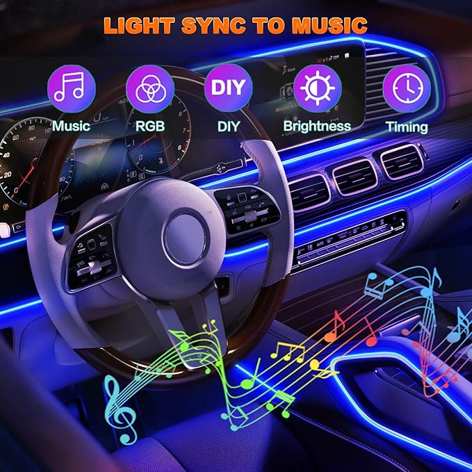 Car LED Lights, Interior Car Lights with Wireless APP/RF Remote/Button Control, Car Ambient Lighting Kit with 236" Integrated Molding Fiber Optic RGB Sync to Music (USB)