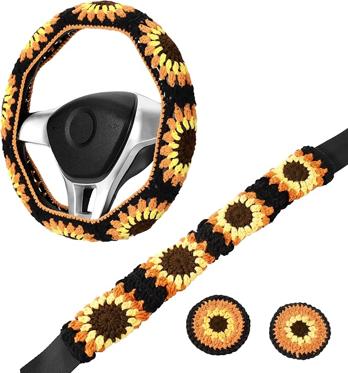 Crochet Steering Wheel Cover Set,Cute Car Steering Wheel Cover Boho 14-15in,Handmade Sunflower Granny Square Pattern Gift for Women, Accessories for Vehicles (Wheel Cover Set), HZYZW-72