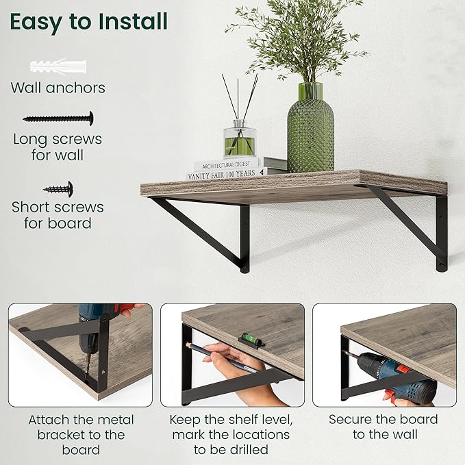 Floating Shelves, 12 Inch Deep Rustic Wood Wall Storage, 16W x 12D Wall Shelves Set of 2, Heavy Duty Metal Brackets, Large In