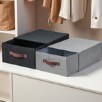 Closet Drawer Organizer Stackable Fabric Storage Boxes Bins Baskets with Lid PU Leather Handles Foldable Washable Cotton Line