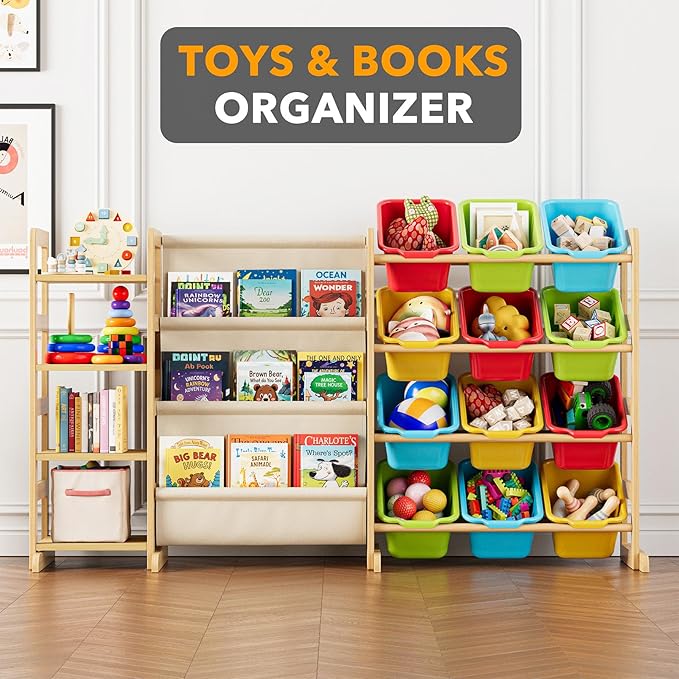 SpaceAid 3-in-1 Toy Storage Organizer with 4 Shelves and 12 Bins, Toy Organizers Storage 3-Tier Bookshelf, Kids Bin Shelf Box