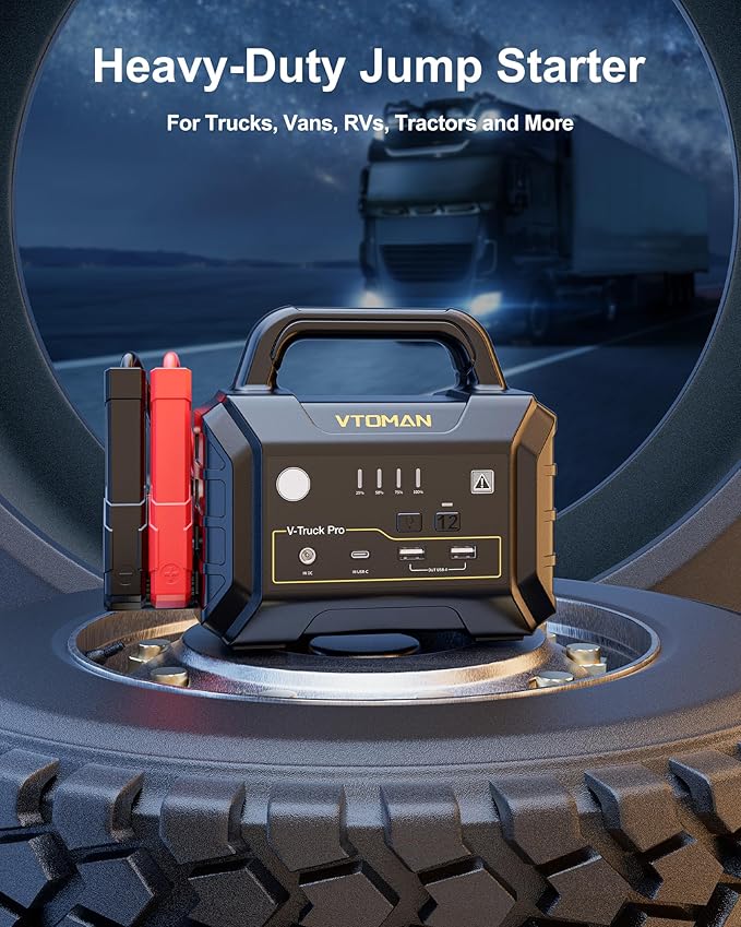 VTOMAN V-Truck Pro 8000A Car Battery Jump Starter with 65W Quick Charge, 41600mAh Portable Jump Starter Power Pack for All Gas All Diesel, 12V Jump Box with LED Light, Long Jumper Cables