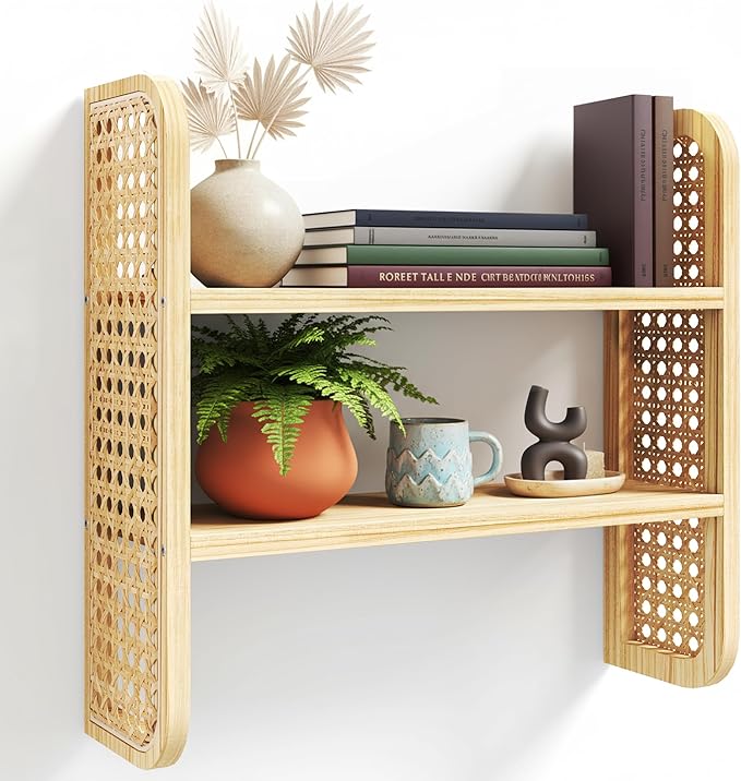 Natural 2-Tier Rattan Shelf - Wall Mounted Woven Boho Shelves, Handmade Rattan Display Shelf for Entryway, Nursery, Kitchen, 
