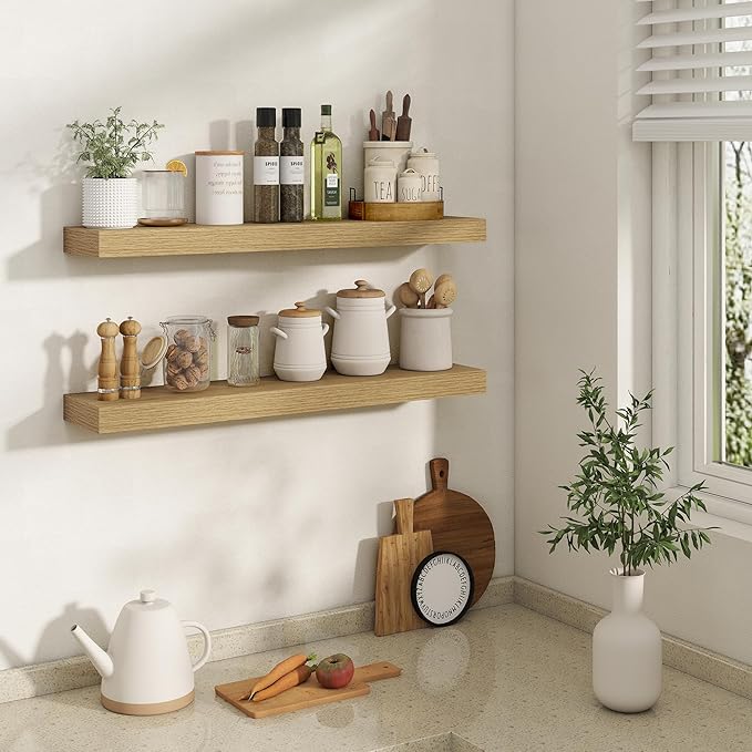 32 Inch Floating Shelves | 6.5 Inch Deep Oak Floating Shelves Set of 2 | 32" W x 6.5" D Rustic Oak Shelves with Invisible Bra