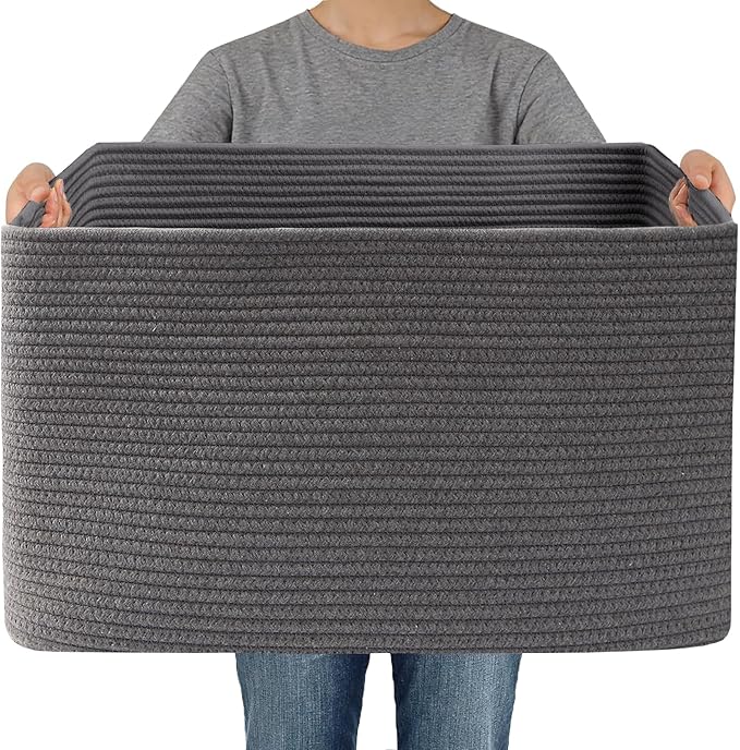 JMvicyroam Woven Blanket Basket,65L Large Storage Bin for Blankets Toys Clothes,Decorative Rope Basket for Living Room Bedroo
