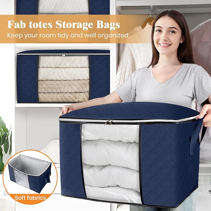 Fab totes 24 Gallons Clothes Storage,Foldable Thick Fabric Blanket Storage Bags, Containers for Organizing Bedroom, Closet, C