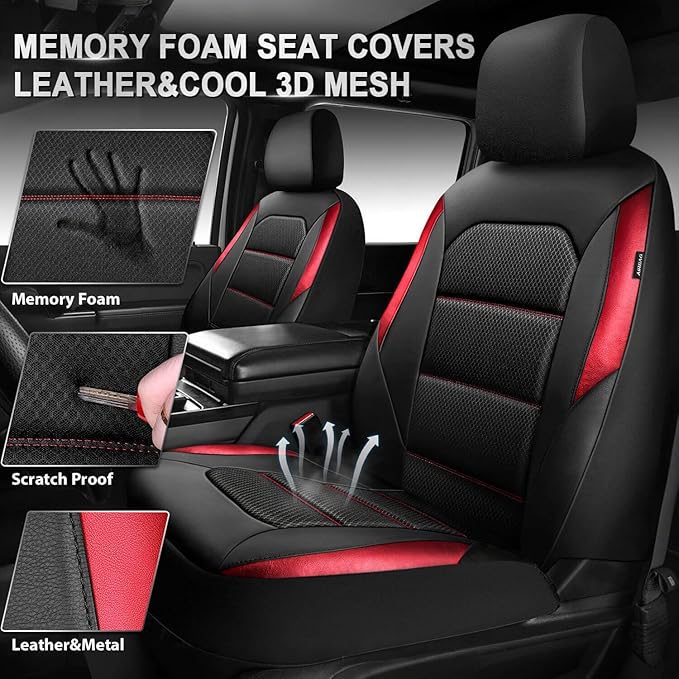 CAR PASS Memory 3D Foam Car Seat Covers Full Set, Breathable Mesh Thick Seat Covers for Car, Red Metal Film Leather Seat Cove