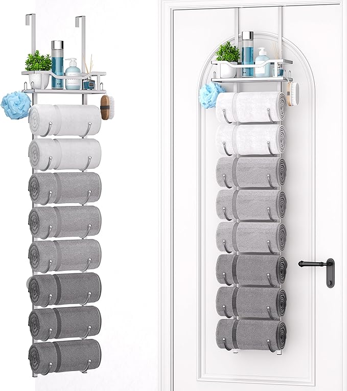 SWTYMIKI Over The Door Towel Rack - 9 Tier Towel Racks for Bathroom Wall Mounted, Towel Holder with Shelf, Hanging Rolled Tow