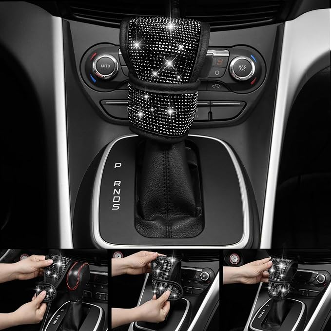 CAR PASS Leather Bling Seat Covers Full Sets 16 pcs, Bling Diamond Car Accessories Set for Women, Sparkly Rhinestone Steering
