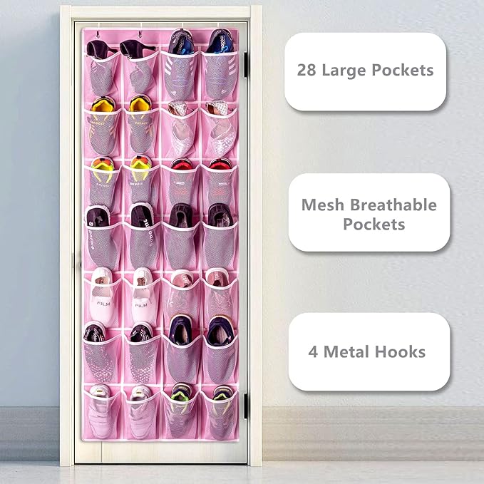 KEEPJOY 28 Pocket Over The Door Shoe Organizer, 2Pack Hanging Shoe Organizer for Door, Hanging Door Shoe Holder Rack with Mes