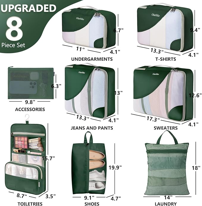 8 Set Packing Cubes for Travel, Gifts for Women Mom,Anti-Tearing Suitcase Organizer for Luggage with Shoe & Hanging Toiletry 