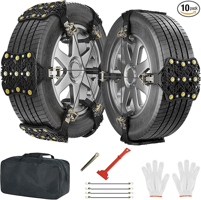 LILYPELLE Upgraded Snow Chains 10 Pack, Tire Chains for Cars/SUVs/Pickup Trucks, Emergency Anti Slip Tire Traction Chains for
