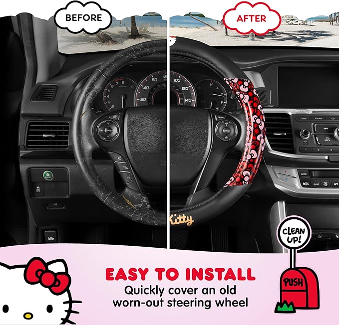 Hello Kitty Steering Wheel Cover, Official Sanrio Car Steering Wheel Cover with Universal Size 14.5-15.5, Cute Black for Women, Hello Kitty Car Accessories (Hello Kitty Bows)