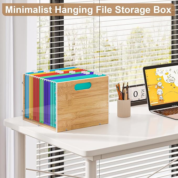 Sbanmao 2 Pack Hanging File Organizer, Clear Acrylic File Box Organizer, Bamboo Filing Box File Crate Storage Boxes, Portable