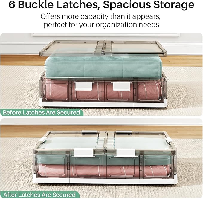 Kitstorack 2 Pack Plastic Under Bed Storage Bins with Lids and 8 Pre-installed Wheels,Rolling Low Rrofile Under bed Container
