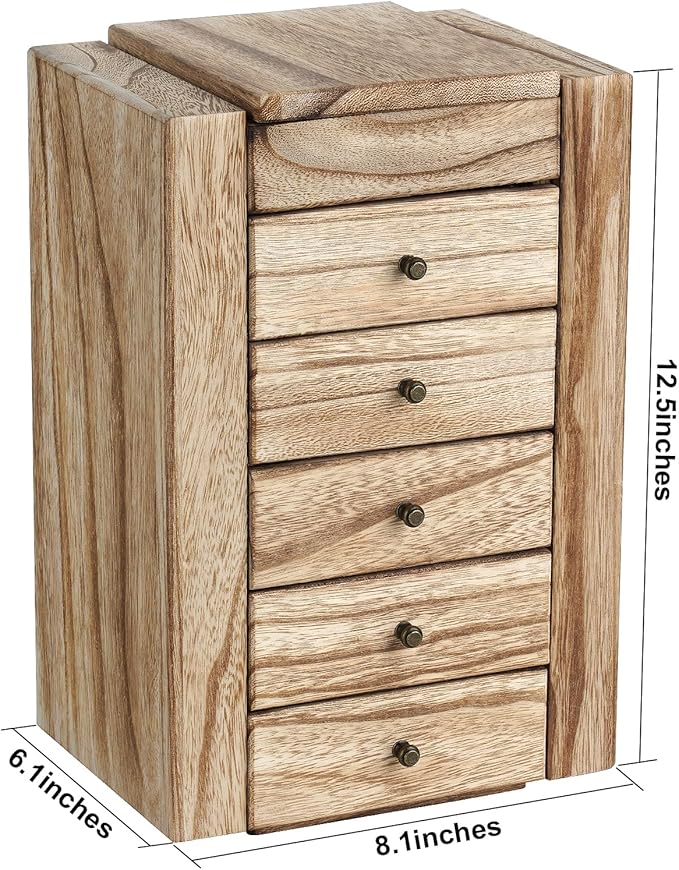 Meangood Jewelry Box Wood for Women, 6-Layer Large Organizer Box with Mirror & 5 Drawers for Rings, Earrings, Necklaces, Vint
