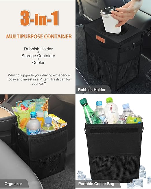 Car Trash Can with Lid, Cute Leakproof Car Trash Garbage Bag Hanging Vehicle Trash Bin Small Portable Automotive Garbage Cans Organizer for Back/Front Seat(4 Gallons,Black)