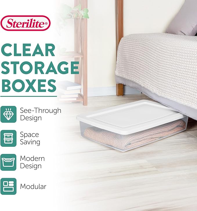 Sterilite 6 Pack Storage Box, 41 Quart Stackable Tote, Clear Plastic Container with Secure Snapping Lids for Home and Office 